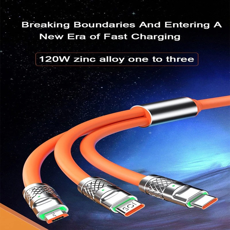 کابل تبدیل USB به micro USB / لایتنینگ / USB-C زاوا ZAWA مدل 3in1 ZINC ALLOY 120W طول 1.2 متر