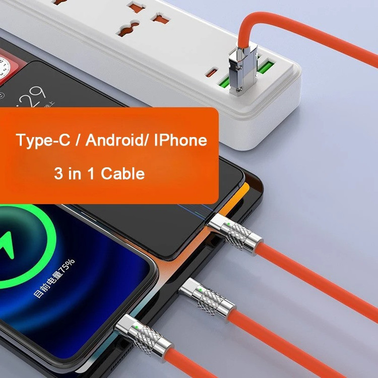 کابل تبدیل USB به micro USB / لایتنینگ / USB-C زاوا ZAWA مدل 3in1 ZINC ALLOY 120W طول 1.2 متر